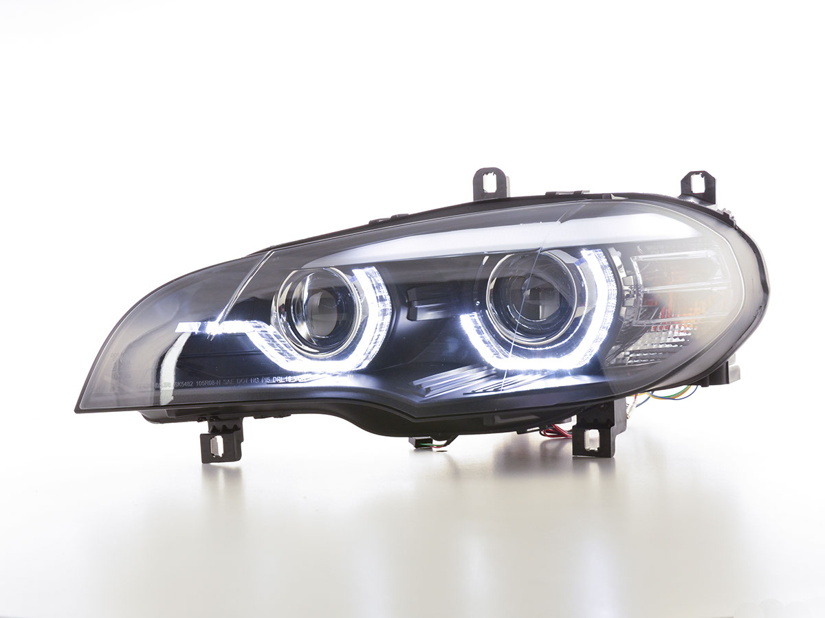 Phares Avant Noirs DRL Angel Eyes Pour BMW X5 E70 2007-2013 – Anneaux 3D 6000K, Pour Halogènes D'origine